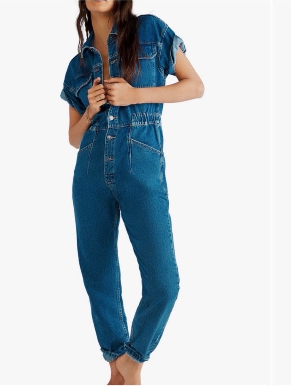 Free People Medium Blue Denim Short-Sleeve Jumpsuit